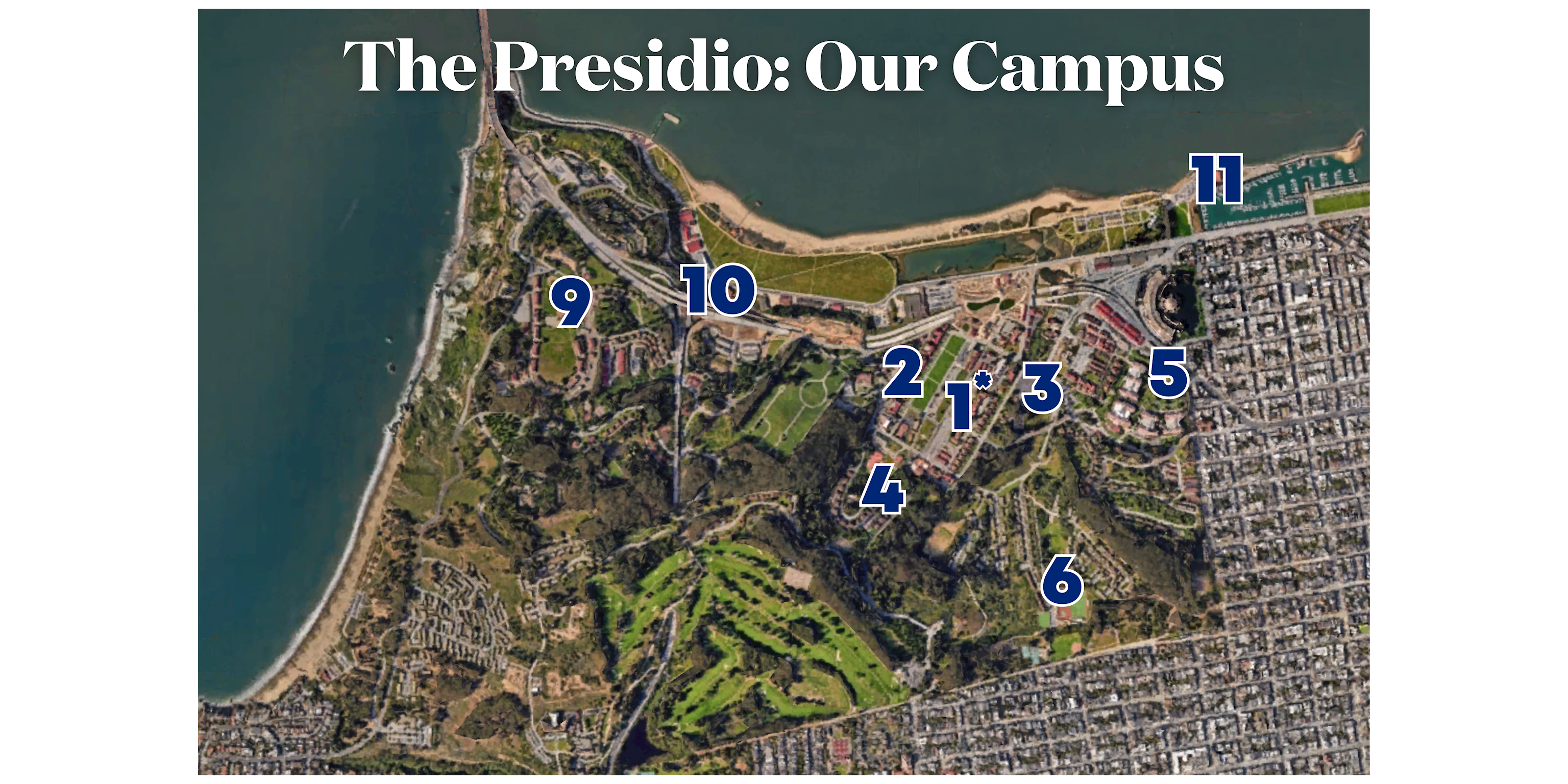 Aerial view of the Bay School's home venues in Presidio National Park